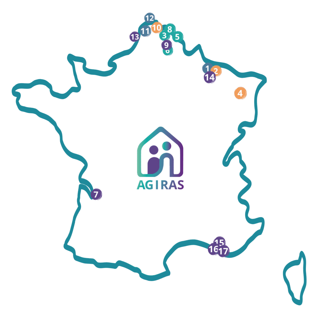 Carte implantation des residences Agiras : Etudiants, jeunes actifs et seniors actifs