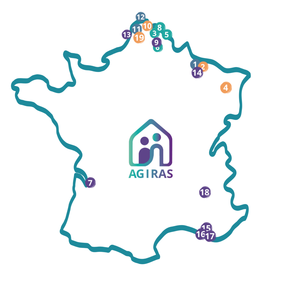 Carte implantation des residences Agiras : Etudiants, jeunes actifs et seniors actifs